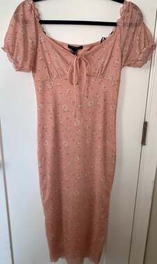 Forever 21 Pink Floral Midi Dress Cottagecore Milkmaid Puff Sleeve M